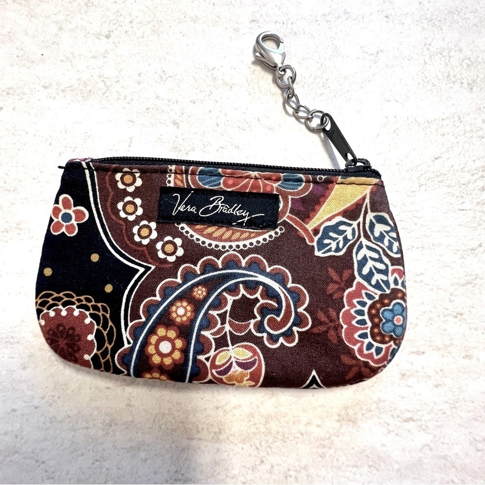 Vera Bradley KENSINGTON Black Brown Floral Coin Purse Pouch Zip ID Clip Case